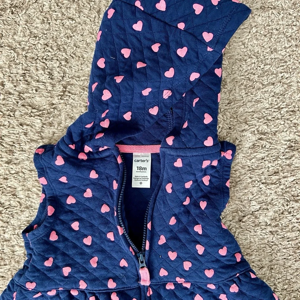 Carters Baby Girls Navy Blue Pink Hearts Quilted Hooded Vest I Size 18M‎